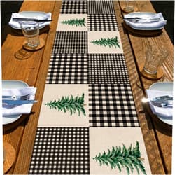 Seliem Black White Buffalo Plaid Check Table Runner, Pine Tree Tabletop Scarf Home Kitchen Decor, Winter Seasonal Farmhouse Holiday Rustic Burlap Dining Decoration Housewarming Gift Party Supply 13X36