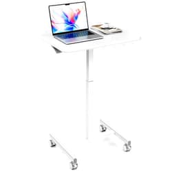 iPower Standing Desk Small Rolling Desk with Lockable Wheels, Mobile Stand Up Desk Adjustable Height 28-43 Inch, Portable Laptop Desk, Small Computer Standing Table Sit Stand White