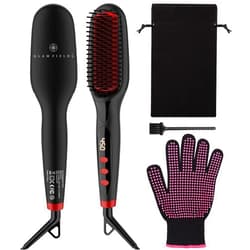 GLAMFIELDS Ionic Hair Straightener Brush Upgrade 2.0,GLAMFIELDS Electrical Heated Hair Straightening with Faster Heating, MCH Ceramic Technology, Auto Temperature Lock, Anti Scald, Heat Resistant Glove(Black-01)