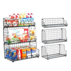 X-cosrack Stackable Wire Basket 3 Tier Countertop& Wall Mounted Metal Storage Basket for Kitchen Pantry Cabinet, Muti-functional Open Front Bin Organizer for Food Fruit Snack, Black