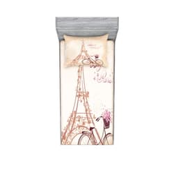 Lunarable Paris Fitted Sheet & Pillow Sham Set, Bonjour France Eiffel Tower and Vintage Bicycle Flowers Retro Soft Color Print, Decorative Printed 2 Piece Bedding Decor Set, Twin, Cream Pink