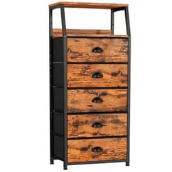 Furnulem Tall 5 Drawers Dresser, Vertical Storage Tower Fabric Dresser for Bedroom, Hallway, Entryway, Nursery, Closet Organizer, Nightstand Bedside Table Furniture, Sturdy Steel Frame, Wood Top