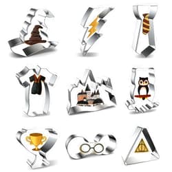 Xzhloym Witchcraft and Wizardry Cookie Cutters Set 9-Piece Halloween Witch and Wizard Cookie Cutter with Witch's Hat, Glasses, Lightning Bolt, Owl, Magic Castle, Triangle, Goblet of Fire Cup, Robe and Tie