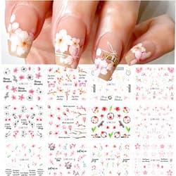 KOLONAMS Cherry Blossoms Nail Art Stickers Spring Water Transfer Nail Decals Summer Nail Art Decoration Pink Sakura Plum Blossom Leaves Butterfly Design Slider Nail Stickers for Women DIY Supplies 12 Sheets