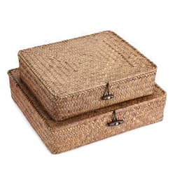 Hipiwe Set of 2 Flat Woven Wicker Storage Bins with Lid Natural Seagrass Basket Multipurpose Home Boxes for Shelf Organizer (Coffee)