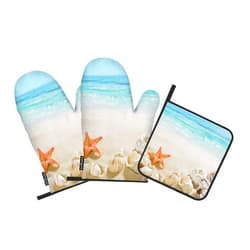 Samgula Summer Beach Oven Mitts and Pot Holders Sets Sea Wavy Starfish Conch Heat Resistant 3pcs for Cooking Baking BBQ