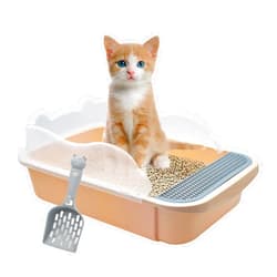 MUYG Open Cat Litter Box with High Side,Anti-Splashing Cats Litters Pan,Kitten Toilet with Litter Sifting Scoop,Semi-Enclosed Removable Kittens Litter for Boxes Easy to Clean No Odork(Khaki)