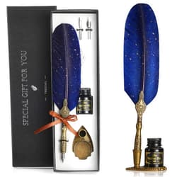 VANGOAL Vintage Carving Feather Pen Set, Glittering Quill Set Antique Calligraphy Writing Dip with Ink, 2 Replacement Nibs, Stand Base, Luxury Signature (Blue)