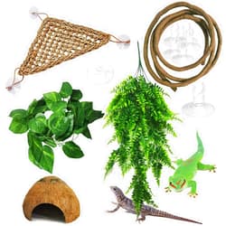 kathson Bearded Dragon Hammock Reptile Plant Hanging Terrarium Boston Plant Jungle Climber Vines Flexible Leaves Lizards Habitat Decor Accessories Coconut Hide for Chameleon Gecko Snakes 5PCS