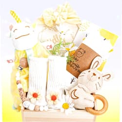 Elysirise Baby Girl Gifts, for Girls,Newborn Essentials Baby Girl Basket,Wooden Baby Gift Basket Swaddle Blanket Rattle Toy Headband Bow Infant