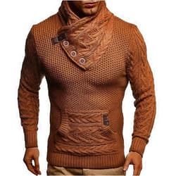 BIANGOD.US.STORE Men's Fall/Winter Fashion Button Rib Knitted Turtleneck Sweaters Solid Pullover Sweatshirt with Pocket