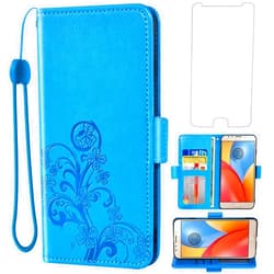 Asuwish Compatible with Moto E4 Plus Wallet Case and Tempered Glass Screen Protector Flip Wrist Strap Credit Card Holder Cell Phone Cover for Motorola E Plus 4th Generation MotoE4 4E + E4+ E4Plus Blue