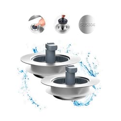 Hibbent Upgraded 2 Pack 3 in 1 Kitchen Sink Drain Strainer and Stopper Combo, Stainless Steel Metal Pop Up Sink Stopper, Anti-Clogging Basket with Foldable Handle for US Standard 3-1/2 Inch Drain