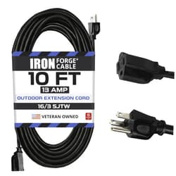 Iron Forge Cable Weatherproof Outdoor Extension Cord 10 ft, 16/3 SJTW Heavy Duty Black Extension Cord 3 Prong, 13 Amp Exterior Power Cable for Outdoor Lights, Lawn & Landscaping - US Veteran Owned