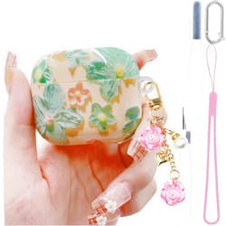 GAFKIDFO Oil Retro Painting Flower Cover for AirPods 3 Case 3st Generation Case 2021, Flower Pendant, Colorful Soft Full Protective Accessories Set for AirPods Gen3 Case for Girls Women Pink Green Cute