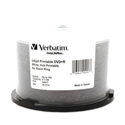 Verbatim DVD+R 4.7GB 16X DataLifePlus White Inkjet Printable, Hub Printable - 50pk Spindle - 94917, White