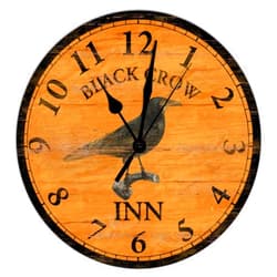 UanMere Crow Inn Orange Clocks Black Crow Inn Round Clock for Kitchen Decor Clocks Battery Operated 15 inch Silent Wall Clock Non Ticking Shabby Chic Wood Clock for Outdoor Wall Hanging
