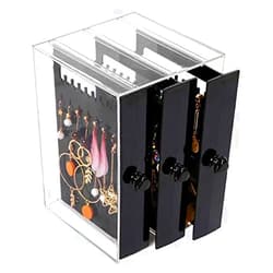 KENGEL 5.1X5.1X7.1 Inch Dustproof Jewelry Screen Hanger Organizer 222 Holes Earrings Holder 3 Drawers Necklace Chains Acrylic Display Stands Decor Gifts Girls (Black)