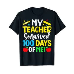 100th Day of School Party Costume My Teacher Survived 100 Days Novelty T-Shirt - Unisex Adults, Black, Small