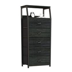 Furnulem Black Dresser with 5 Drawers, Vertical Storage Tower Fabric Dresser for Bedroom, Hallway, Entryway, Nursery, Closet Organizer, Nightstand Bedside Table Furniture, Sturdy Steel Frame, Wood Top