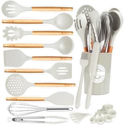 Kikcoin 23 PCS Kitchen Utensils Set, Kikcoin Wood Handle Silicone Cooking Utensils Set with Holder, Spatulas Silicone Heat Resistant Cooking Gadgets for Nonstick Cookware, Khaki