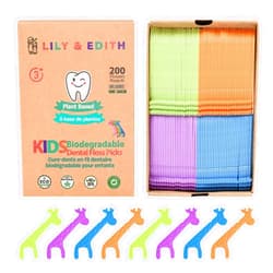 LILY & EDITH Kids Biodegradable Dental Floss Picks 200 Counts, Fluoride Free, Plant Based Material, Fun Animal Flossing Sticks, Ultra Sturdy Thread, Zero Waste Package (Unflavored)
