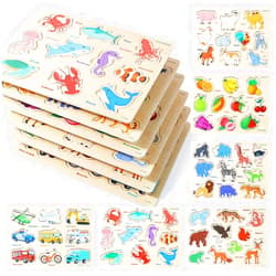 GR GRINNNIE GRINNNIE Wooden Toddler Puzzle for Age 2 3 4 Years Old, 6 PCS Toddlers Learning Puzzle Set - Animal, Fruit, Sea Creature and Vehicle, Educational Toy Birthday for 3-5 Boys Girls