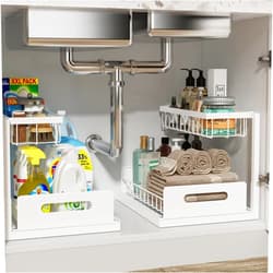 REALINN Under Sink Organizer, Pull Out Cabinet Organizer 2 Tier Slide Out Sink Shelf Cabinet Storage Shelves, Under Sink Storage for Kitchen Bathroom Cabinet, White, 2 Pack