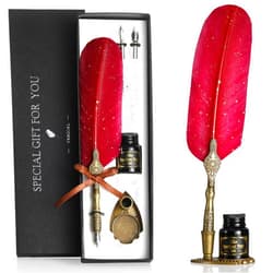 VANGOAL Vintage Carving Feather Pen Set, Glittering Quill Pen Set Antique Calligraphy Writing Dip Pen with Ink, 2 Replacement Nibs, Pen Stand Base, Luxury Vintage Signature Pen (Red)