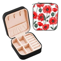 DOMIKING Blooming Red Poppy Flowers Travel Jewelry Box Portable Ring Necklace Organizer for Women Girls PU Leather Jewelry Storage Case for Bracelet Ring Earring Necklace Gift