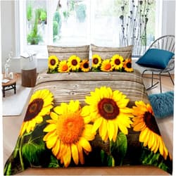 Feelyou Sunflower Duvet Cover Botanical Floral Printed Bedding Set for Kids Women Adults Yellow Blossom Flowers Comforter Cover Wooden Scenes Bedspread Cover Bedroom Collection 3Pcs Full Size…