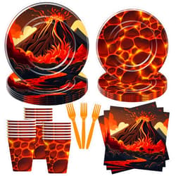 Xenorik Volcano Paper Plates And Napkins Party Decorations Tableware - Volcano Hot Lava Birthday Party Supplies, Plate, Cup, Napkin, Fork, Volcano Theme Dragon Dinosaur Party Decorations | Serve 24