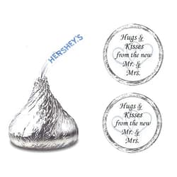 RokAPary 324 Hugs and Kisses from The New Mr. & Mrs. with Interlocking Hearts Wedding Stickers, Chocolate Drops Labels for Bridal Shower Engagement Party Decorations, Kiss Favors Decor. Made in USA (Silver)