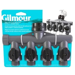 Gilmour Heavy Duty 4 Way Garden Hose Splitter, Quad Water Hose Splitter with Shut Off Valve, Polymer Water Manifold