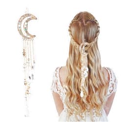 Fujiuia 2024 Romantic Rhinestone Crescent Moon Star Charm Hair Clips, Crystal Beads Tassel Drop Hair Pins Chain Hairpin for Women Girls Bridal Jewelry Hair Accessories