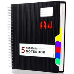 CAGIE 5 Subject Notebook with tabs 8.5'' x 11'', Hardcover Notebook with 5 Colored dividers, Spiral Notebook Wide Ruled for Work 262 Page, Multi-Subject Notebooks for School Office Supplies, Black