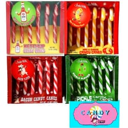 FOTE HOME GOODS Archie McPhee Dill Pickle, Mac and Cheese, Ketchup, and Bacon Christmas Candy Canes - Stocking Stuffers - Funny Novelty - Weird Prank, Gag, Joke -24 ct.- 6 of Each Flavor-Includes Bonus Stickers