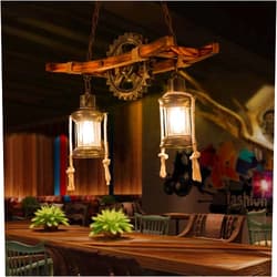 Eoyemin Wood Retro Pendant Lighting Industrial Vintage Chandelier Black Metal Bedroom Restaurant Suspension Lamp Cage Frame with Glass Shade House Loft Bar Coffee Decoration Ceiling Lights Fitting, E2