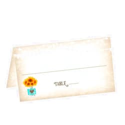 Old Blue Door Invites Vintage Sunflowers in Mason Jar Wedding Tented Table Place Cards (50 Count) - Fold Over Tent Style - Wedding Reception, Bridal Shower, Anniversary Party, Banquet Dinner Place Seating Cards