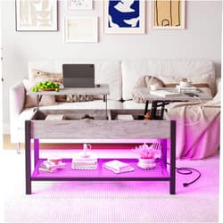 HOJINLINERO Lift Top Coffee Table with Storage & LED Lights,Small Coffee Table for Living Room,Farmhouse Coffee Table with Storage Shelf and Hidden Compartment,Metal Frame Dining Center Table,Grey