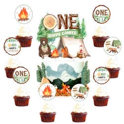 Kreatwow One Happy Camper Birthday Decorations 25PCS Happy Camper Cake Toppers for Boys Girls Camper Cake Decorations One Happy Camper Cake Toppers Camper Forest Camping Adventure Safari