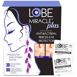 Lobe Miracle Plus Kit - Clear Earring Support Patches & Included Antiseptic Wipes - Earring Backs for Droopy Ears - Ear Care Products for Heavy Earring Support (60 Patches & 30 Swabs)