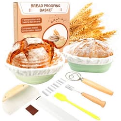CamRebel Sourdough Starter Kit Including 9 Inch Round&10 Oval Foldable Sourdough Baking Basket, Silicone Sourdough Bread Proofing Baskets,With Dough Whisk, Scraper, Lames, Brush, Baking Supplies Set (Green)