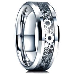 King Will Gentleman Mens 8mm Silver/Gold/Red/Yellow Tungsten Carbide Ring Steampunk Gear Wheel Ring for Men Carbon Fiber Inlay Wedding Band