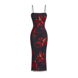 SweatyRocks Women's Allover Print Spaghetti Strap Bodycon Dress Elegant Sleeveless Lettuce Trim Midi Dresses