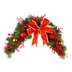 JOJAZE Artificial Christmas Swag Decoration 31 Inch Christmas Swag with Ribbon Bow and Red Berries Greenery Christmas Swag Xmas Door Swag for Wall Door Lintel Festival Decor Front Door Window