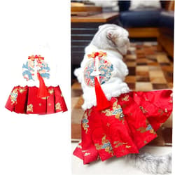 BAMY New Year Dog Horse Face Skirt Warm Cat Cheongsam Dress Winter Pet Clothes Coat Christmas Costume for Cats Teddy Bichon Small Medium Dogs (L (Chest Circumference 18.9in))