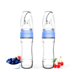 Baby Mate 2 PCS Silicone Baby Food Dispensing Spoon (Blue, 4oz/120ml, Ideal for 4 Months+ Babies) - Squeeze Feeder with Spoon - Spoon Bottle for Baby - Baby Spoon Feeder Bottle Baby Solid Food Feeder 4 Ounce (120ml) 2PCS: BLUE - Silicone Squeezable Bottle Feeder - Brush Included