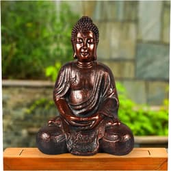 Innamoto Rustic Meditation Buddha Statue Garden Decor with Lotus Solar Lights, Large Resin Zen Garden Sculptures & Statues with Stone Finish for Outdoor Patio Lawn Yard Decorations,11’’ (Bronze)