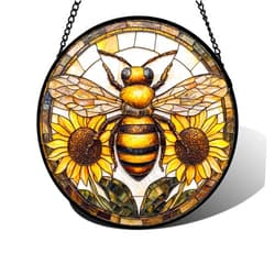DASTOLL Stained Glass Window Hanging - Bee Sunflower Yellow Suncatcher Ready to Hang Window Doors Home Decoration and Christmas, Mother's Day Birthday Gifts for Women, Men, and Mom 7.8x7.8 in
